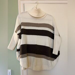 LOFT Cream, Brown & Taupe Striped Turtleneck Poncho Sweater